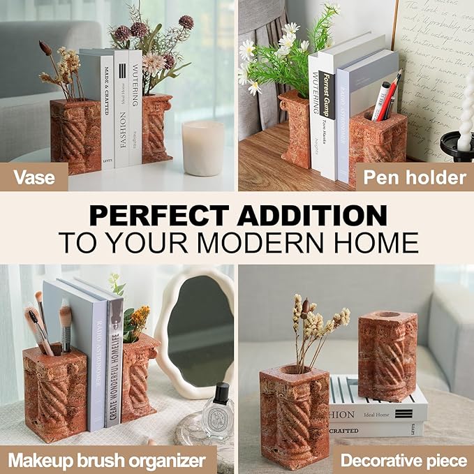 Decorative Roman Column Book Ends & Vase - Heavy Duty Marble Book Ends for Heavy Books, Vintage Home Office Decor, Dual Use as Flower Vase, Natural Stone Bookends for Shelves (2PC, Red)