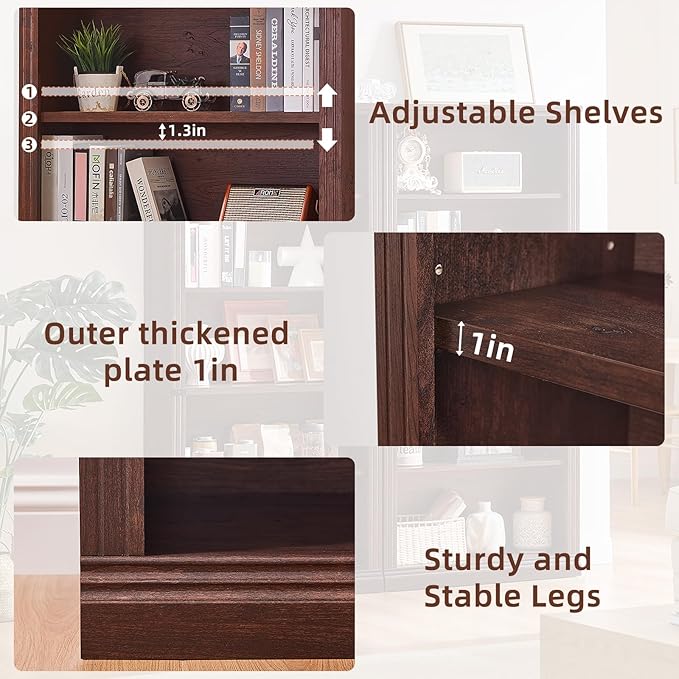 RWYHG 70" Walnut Tall Bookshelf Set of 4,5-Tier Thick Wooden Book Shelf with Adjustable Shelves,Free Standing Farmhouse Bookcase with Open Display Storage,Floor Vintage Bookshelves for Living Room