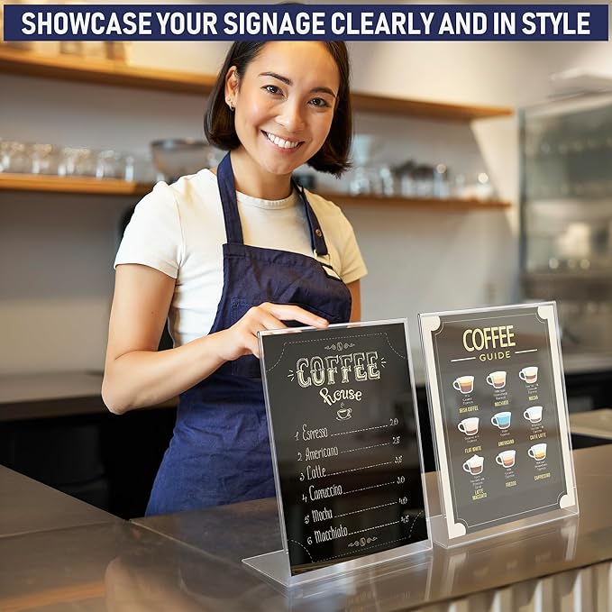 Slant Back Acrylic Sign Holder 8.5 x 11 Inches, Portrait Ad Frame and Flyer Display Stand. Menu Holder and Table Sign Display for Home, Office, Store, or Restaurant Use. Acrylic Stands for Tabletop (3 Pack)