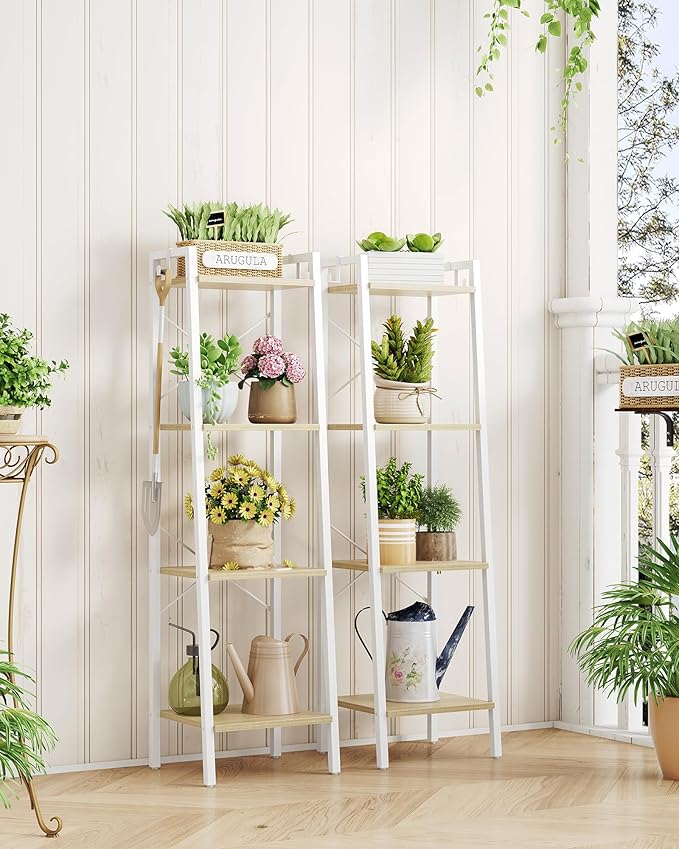 Hzuaneri Ladder Shelf, Bookshelf Bookcase, Freestanding Corner Storage Shelve with 2 Hooks for Home Office, Living Room, Kitchen, Bedroom, Industrial, 11.8" D x 13.4" W x 47.2" H, White Oak and White