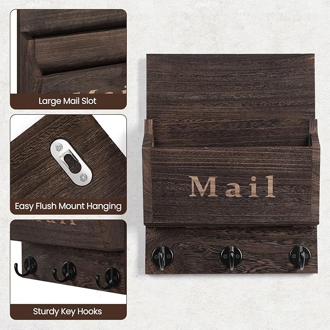 Lucundm Mail and Key Holder - Decorative 9.8" x 12.5" Wall Key Hanger with 2 Mail Organizer Slots and 3 Hooks - Real Paulownia Wood with Keyhole Brackets, Hardware and Instructions (Brown)
