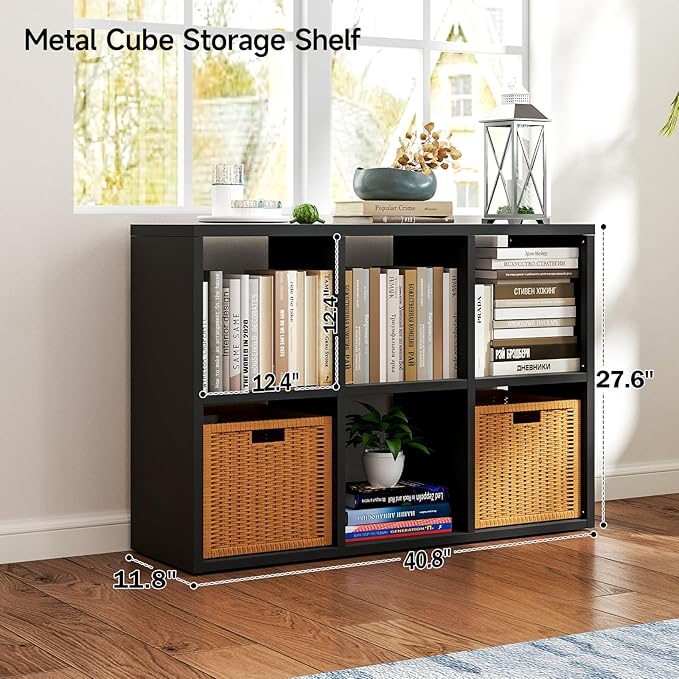 IRONMIX Metal 6 Cube Storage Organizer, Short Black Bookshelf with Storage, Small Horizontal Bookshelf, 2 Tier Open Bookcase Cube Shelf, Freestanding TV Stand for Home Office Library (Black, 1037)