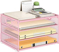 Subekyu Paper Letter Tray Organizer for Desk, Pink Metal Mesh Desk File Sorter Organizer with Handle and 2 Sliding Trays for Home Office School Supplies Organization