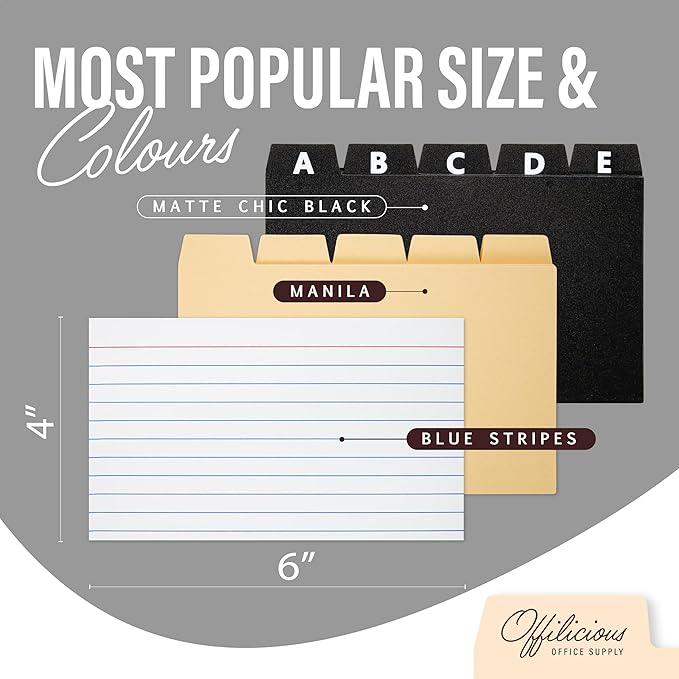 OFFILICIOUS Black Index Card Holder 4x6 - Index Card Box With Index Dividers, Ruled Cards & Stickers - Recipe & Flash Card Holder Box Organizer