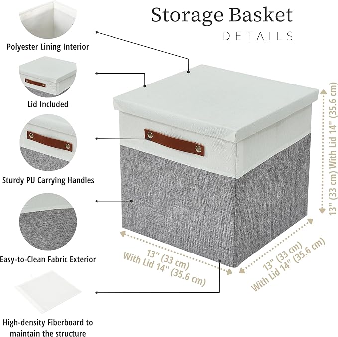 DECOMOMO Storage Basket with Lid, Storage Cubes with Handles, Fabric Box with Lid (Grey and White, 13” / 3 Pack)