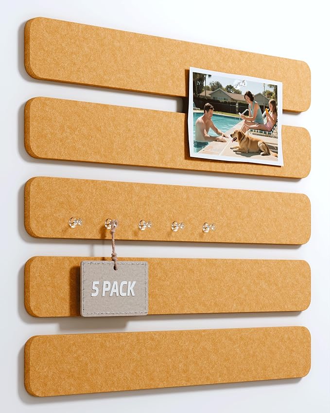 Fluxynara Cork Board Alternative Felt Strip Board 5-Pack 13"x2", Office Pin Board with 35 Push Pins, Adhesive Install for Bedroom Door & Home Office(Sunset Yellow)