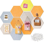 Fwpelt 12'' Medium Hexagon Cork-Bulletin Board Tiles Frameless 10 Pack Adhesive Removable Felt Corkboard Decorative Prayer-Vision Board for Home-Office Wall Decor, Hex Tack Pinboard with 30 Pushpins