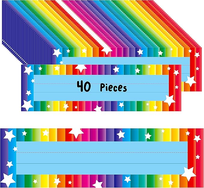 40PCS Desk Nameplates, Desk Name Tags with Double Sided PET Film Colorful Student Name Labels Erasable & Reusable Traditional Manuscript Name Plates for School Classroom Organization (10” x 2.8”)