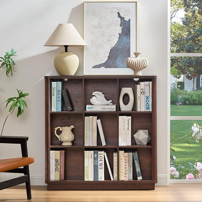 Joaxswe 9 Cube Bookshelf, 41" Tall Organizer Bookcase with Curved Edge, Wood Floor Standing 3-Tier Cubby Book Shelf with Base, Vinatge Display Storage Cabinet for Living Room, Home Office, Walnut