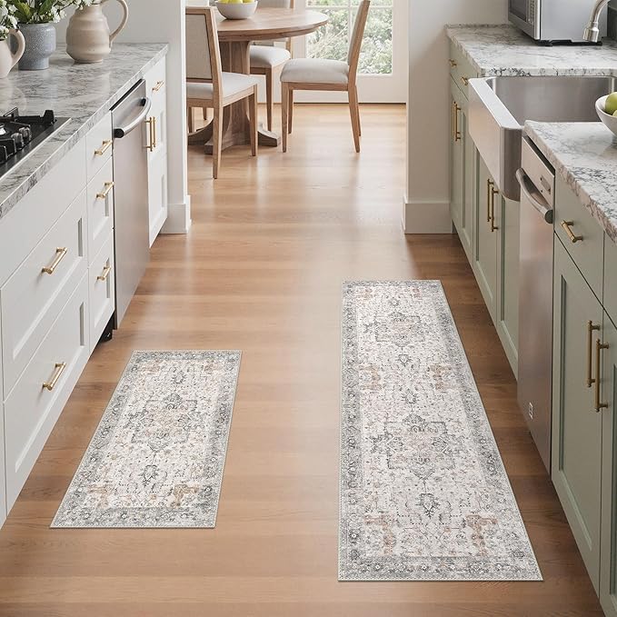 GENIMO Runner Rug 2PCs, Machine Washable Non Slip Vintage Hallway Runner Rug 17.3"x59"+17.3"x30", Low Pile Lightweight Rugs for Indoor Entryway, Hallway, Kitchen and Corridor, Light Taupe Brown