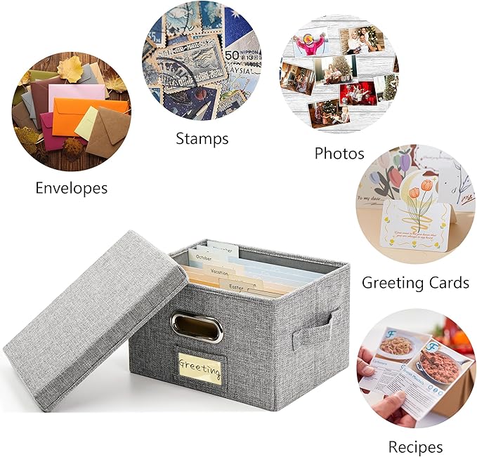 Remowith Greeting Card Organizer and Storage Box with 20 Pcs Adjustable Dividers, Storing Cards with 84 Pcs Labels Perfect for Storing Greeting Cards, Envelopes, Photos 1 Pack Grey
