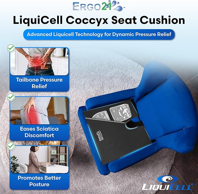 ERGO21 LiquiCell Coccyx Seat Cushion, Aid for Tailbone Pain Relief, Sciatica Pain, Back Support | Donut Like Butt Pillow for Long Hours Sitting at Home/Office Chair (20" W x 18" L x 2.5" H)