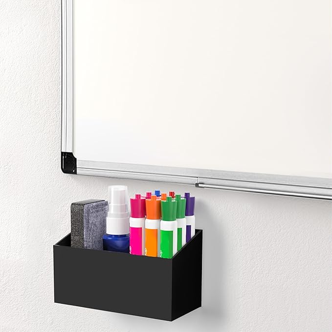 HBlife Magnetic Dry Erase Marker Holder for Whiteboard with 2 Compartments, Acrylic Wall Mount Magnet Pen Pencil Holder for Refrigerator, Locker Organizer Accessories for Classroom Office, Black