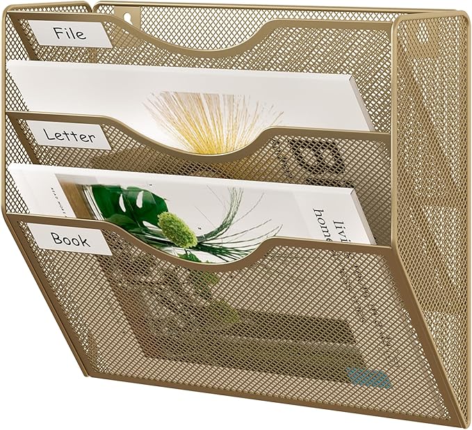 EasyPAG 3 Pocket Mesh Wall File Organizer, Hanging Paper Folder Holder with Classify Label, Vertical Wall Mount Mail Organizer for Office Home Classroom, Gold