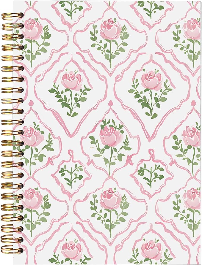 BitKan Pink Rose Floral Spiral Notebook, Preppy Floral Girly Aesthetic Journal, Pink Flower Journal for Women, Grandmillennial Flower Notebook 5.5x8.3 Inch-376