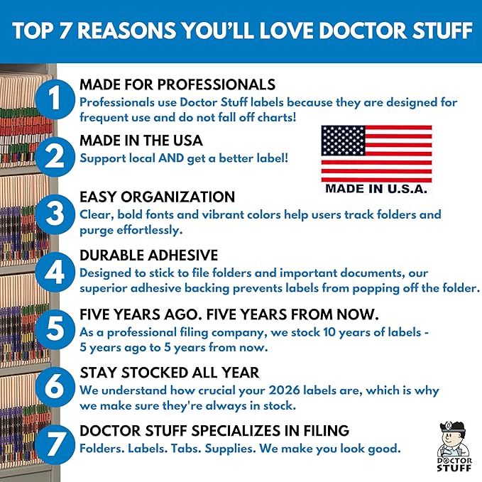 2026 Year Stickers, Doctor Stuff 2026 Chart Stickers, Purple/Black Color Coded, POS Style, USA Made Year Labels for End Tab File Folders, 500/Roll, 1 Roll, 3/4" x 1-1/2"