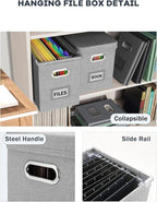 Oterri Hanging Filing File Box with Mesh Pocket, File Organizer Box with Lid, Collapsible Document Organizer Box for Letter Size, Easy Slide Durable Storage Box for Office/Decor/Home (2 PCS, Grey)