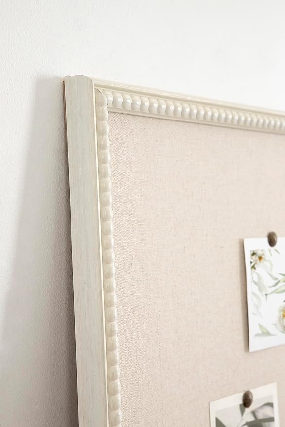 Kate and Laurel Makenna Traditional Linen Fabric Pinboard with Stunning Beaded Frame, 24x36, White