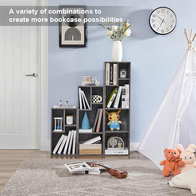 VECELO Narrow Bookshelf Set, Fits 9.3" × 10-12.8" Hardcovers, Cube Storage Bookcases, Free-Standing for Living Room, Bedroom, Home Office, 2/3/4-Tier, 3-Pack, Gray