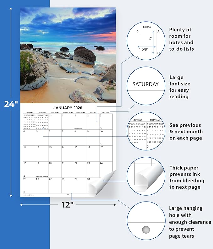2026 Beaches Monthly Wall Calendar | Tropical Beaches Travel Calendar 2025-2026
