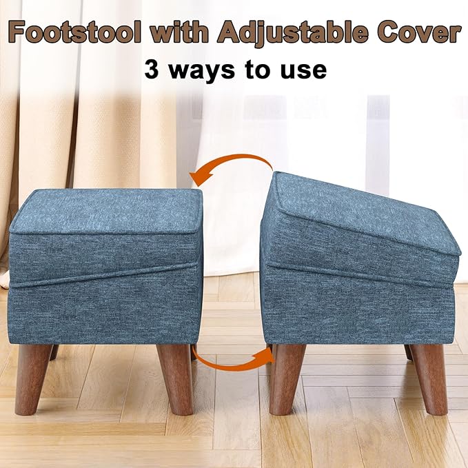 FAGAGA Small Footstool Ottoman with Storage, Ottoman Foot Rest, Modern Foot Stool with Adjustable Lid and Sturdy Wood Legs for Living Room, Bedroom, Couch, Enterway, Blue
