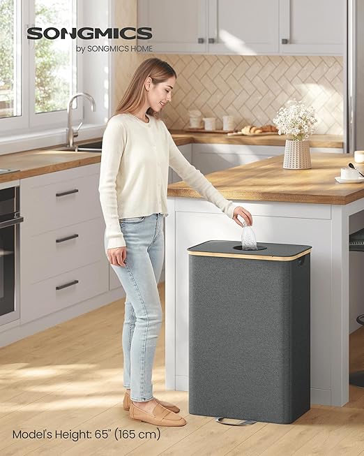 SONGMICS Recycling Bin for Kitchen 26.4 Gallon. Bottle Recycling Container, Collection Bin, for Metal, Plastic, Paper, Glass, Inner Bag with Handles, Kitchen, Slate Gray and Natural Beige URRB509G01