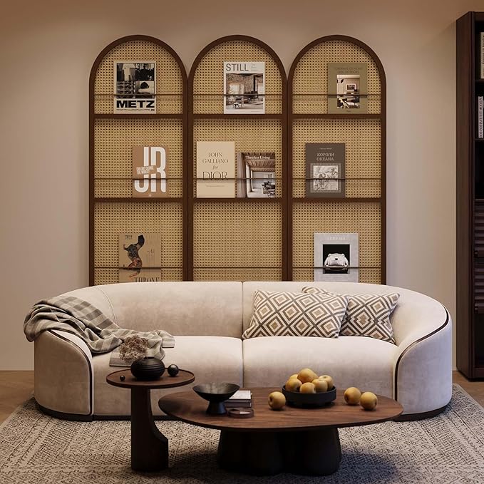 Rattan Room Divider with Bookshelf,Privacy Screen for Home Office & Bedroom,Portable Partition, Wooden Frame