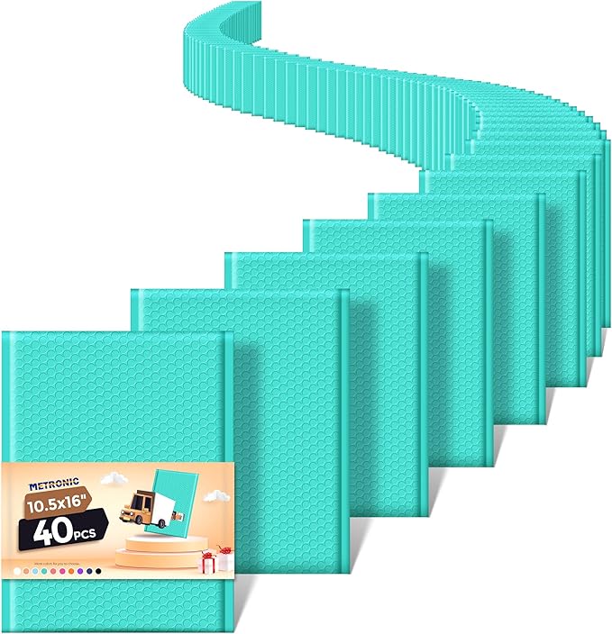 Metronic 40Pcs Bubble Mailers 10.5x16 ", Teal Padded Envelopes, Strong Adhesion Bubble Envelopes, large Mailing Envelopes WaterProof #5 for Small Businesses, Bubble Mailers Usable Size 10.5X15
