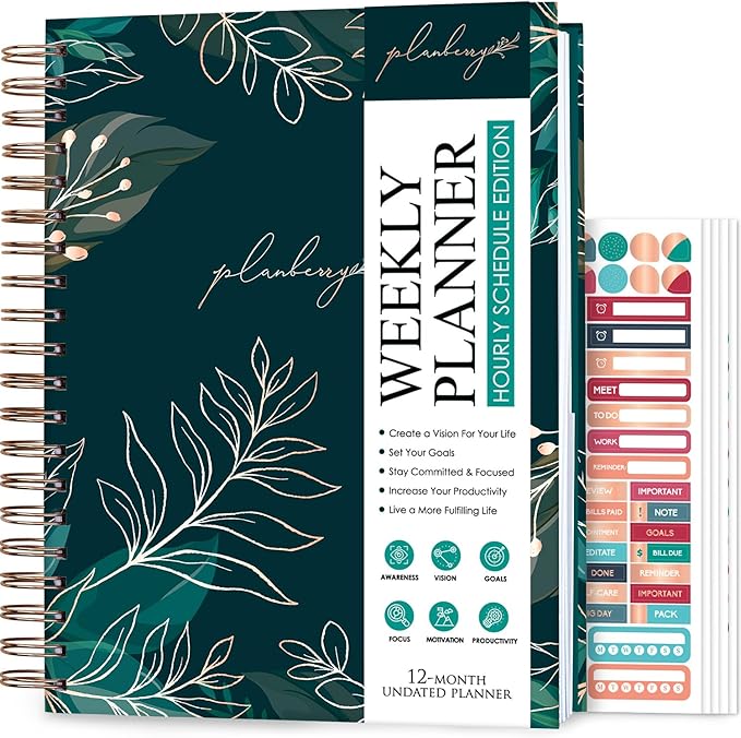 PLANBERRY Large Hourly Schedule Planner Premium – Undated Organizer for Productivity, Time Management & Budget, 8x10.4″ (Green Pastures)