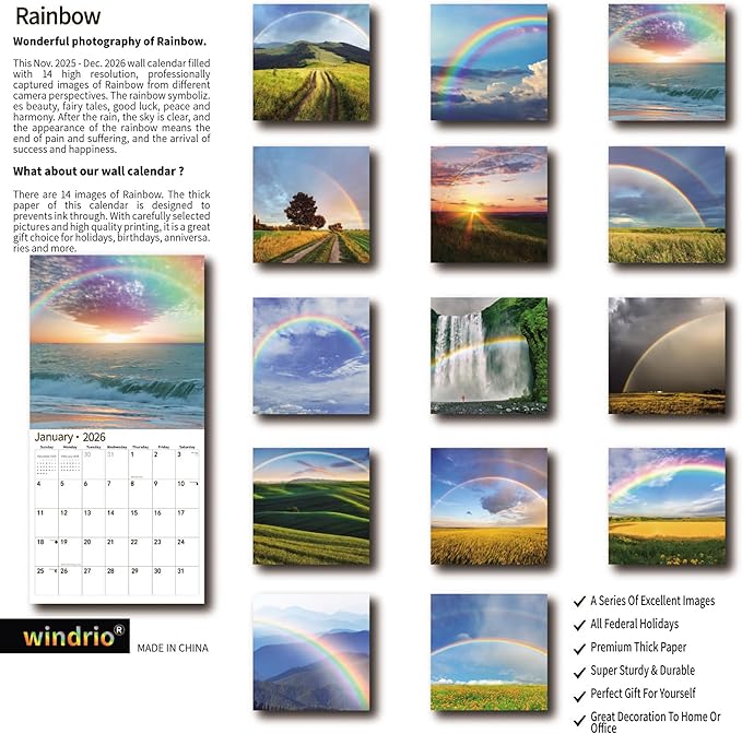2026 Wall Calendar,Calendar 2026, November 2025 - December 2026, Wall Calendar Rainbow, 12" x 24" Opened,Full Page Months Thick & Sturdy Paper for Calendar Organizing & Planning