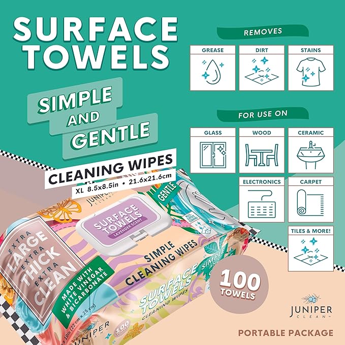 Juniper CLEAN 6 Packs Surface Cleaning Wipes Bleach Free, Thick & Large Dispose, All-Purpose Cleaner for Bathroom, Kitchen, Office, 600 Count Soft Flow, Biodegradable, Lavender Scent