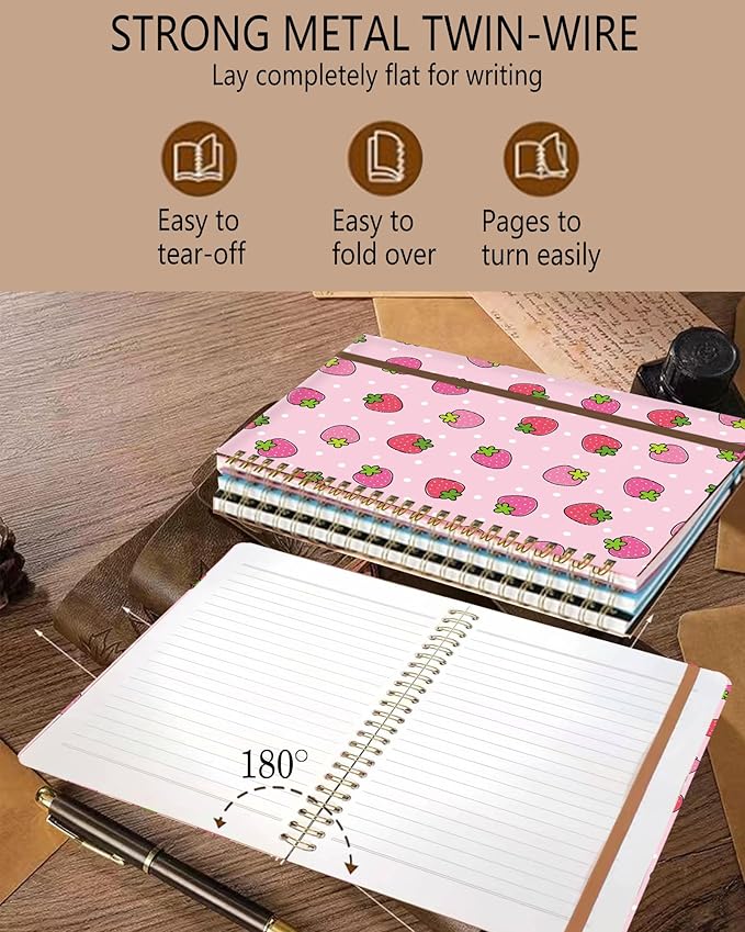 DHGPTS Spiral Journal Notebook, A5 Cute Notebooks for Women Men, College Ruled Hardcover Notebook for Work & Note Taking, 60 Pages Double-Wire Journals for Writing, Cute Strawberry
