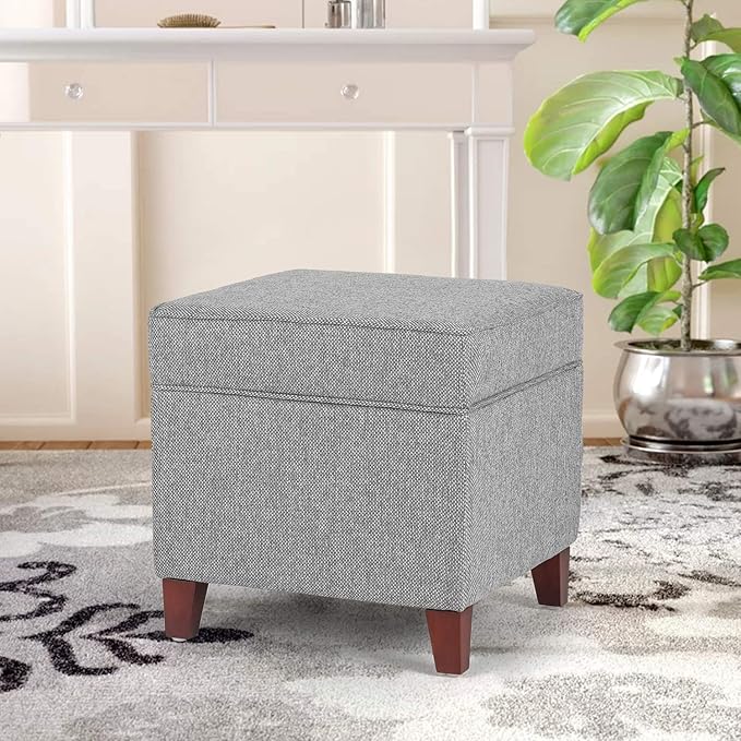 Asense 17 Inch Square Storage Ottoman,Small Foot Rest Stool for Couch, Linen Fabric Upholstered Footstool Cube for Entryway Bedroom Living Room, Light Grey