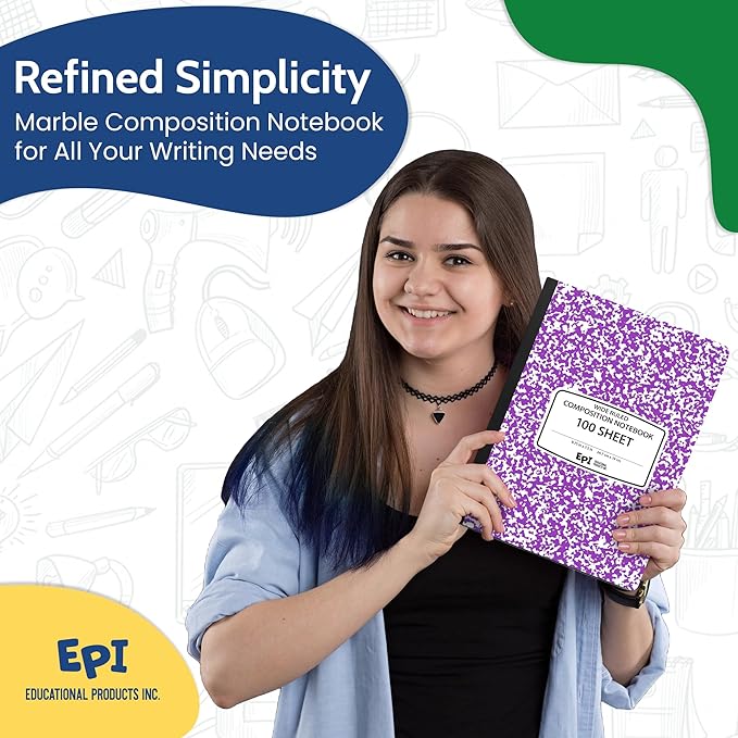 EPI 48 Pack Wide Ruled Composition Notebook Assorted Marble Colors - 200 Pages (100 Sheets), 9-3/4 x 7-½ - Classroom Back to School Supplies, Heavy Duty, Durable Hardcover Office Notebooks, Sewn