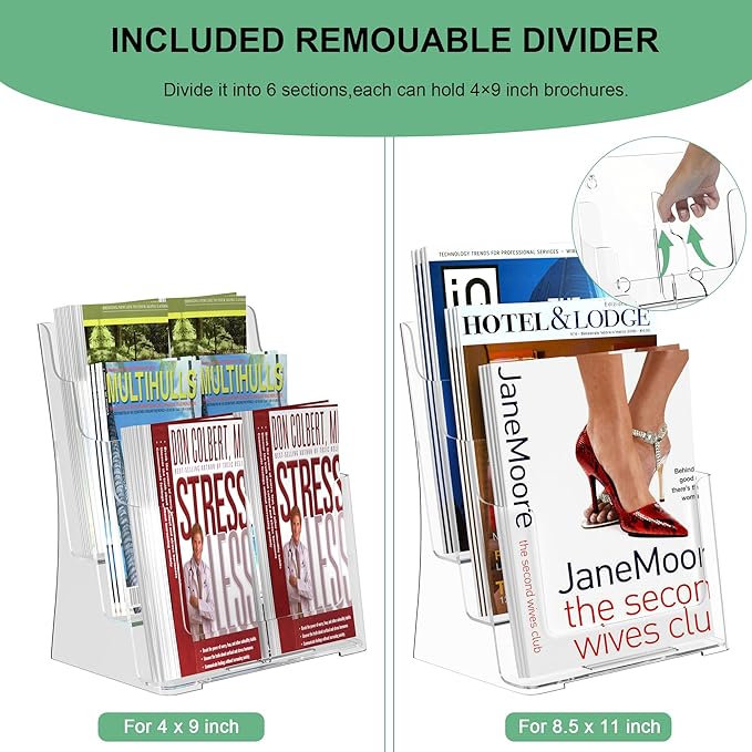 zavekia 2 Pack 3 Tier Acrylic Brochure Holder 8.5 x 11 inch, Clear Literature Organizer Magazine Stand with Removable Divider for 4 x 9 inch Brochures,Magazine Holder,Flyer Holder