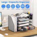 OPNICE Desk Organizer, 5-Tier Paper File Organizer with Drawer & Pen Holder, Office Desk Accessories, Workspace Desktop Organizer for Office Supplies(Black)