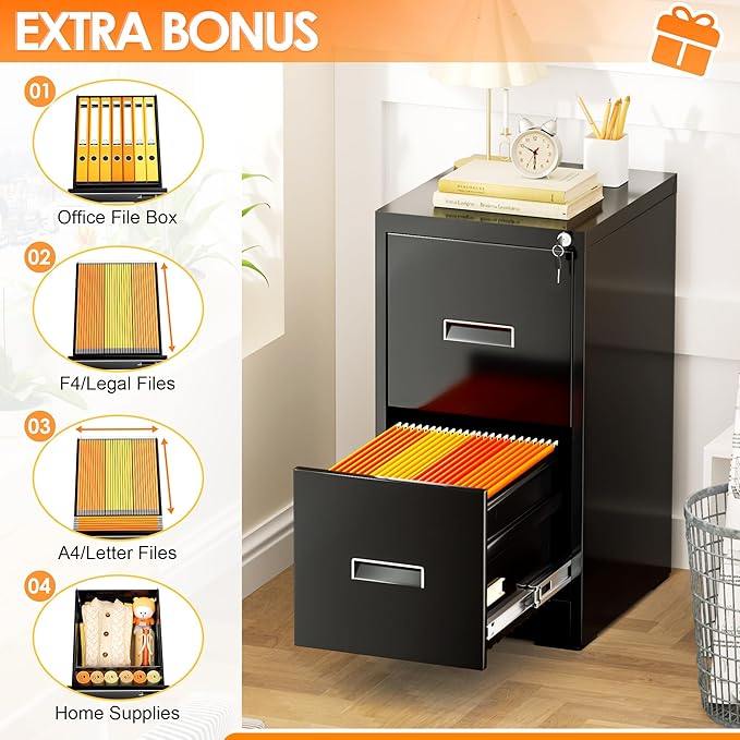 INTERGREAT 2 Drawers File Cabinet with Lock, 18" D Metal Black Vertical Filing Cabinet for Hanging Folders, Easy Assemble