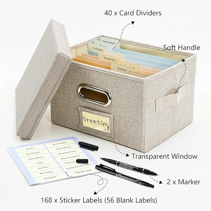 Remowith Greeting Card Organizer and Storage Box with 20 Pcs Adjustable Dividers, Storing Cards with 84 Pcs Labels Perfect for Storing Greeting Cards, Envelopes, Photos 2 Pack Beige