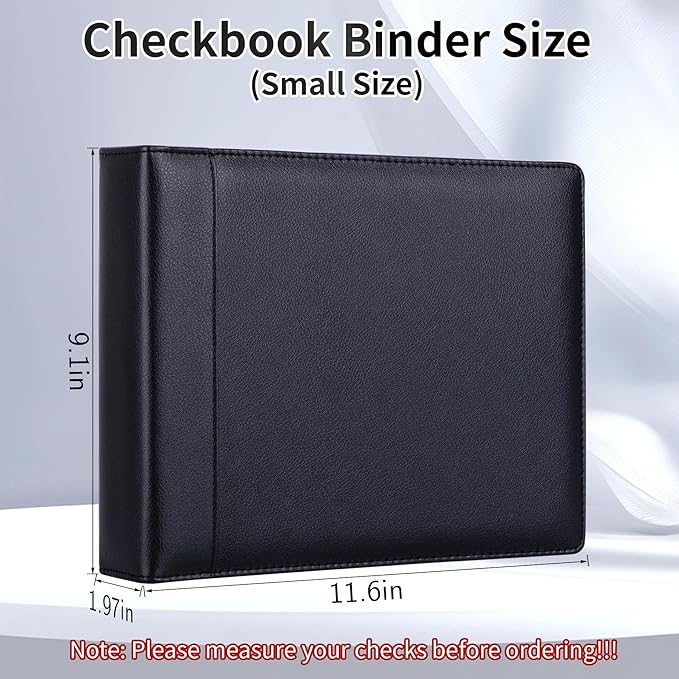 Antner 3 Ring Personal Check Binder for 3-on-a-Page End-Stub Deskbook & Personal 3 Holes or 9 Holes Small Size Checks, PU Leather Check Holder Checkbook Binder Cover with Zipper Pouch, Black