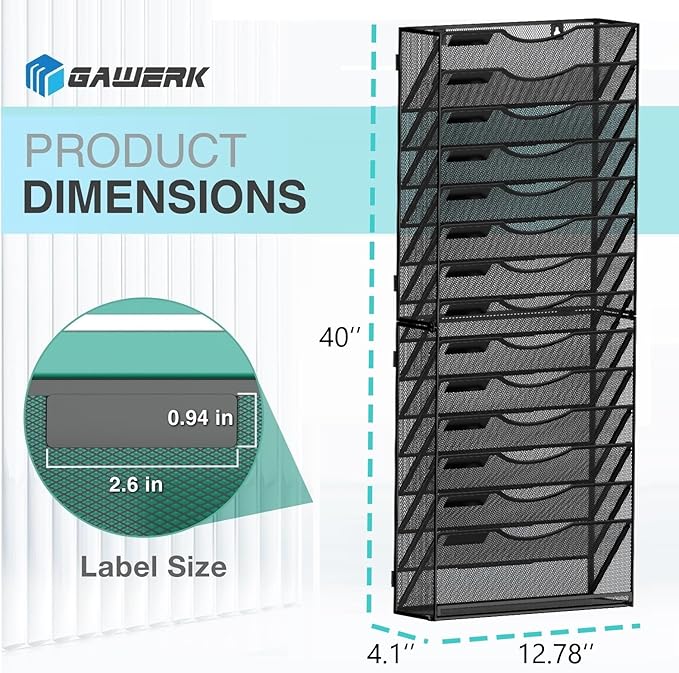 Gawerk 15-Tier Wall File Organizer Hanging Wall File Holder Wall Mount Paper Folder Organize, Mesh Magazine Document Mail Organizer Wall Organizer for Office School Home, Black