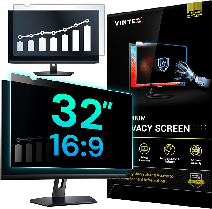 VINTEZ 32 Inch 16:9 Privacy Screen for Computer Monitor and Laptop - Anti Glare Protector Film Blue Light Filter Eye Protection - Computer Screen Privacy Shield, [1 Pack]