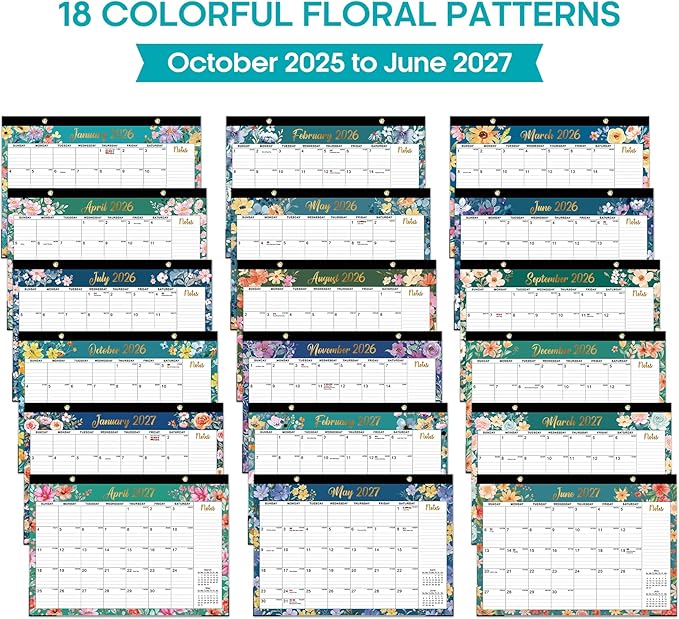 Desk Calendar 2026, 21 Months Calendar Runs from October 2025 to June 2027 - Large 17" x 12" Desktop/Wall Monthly Desk Planner for Home School, or Office - Floral