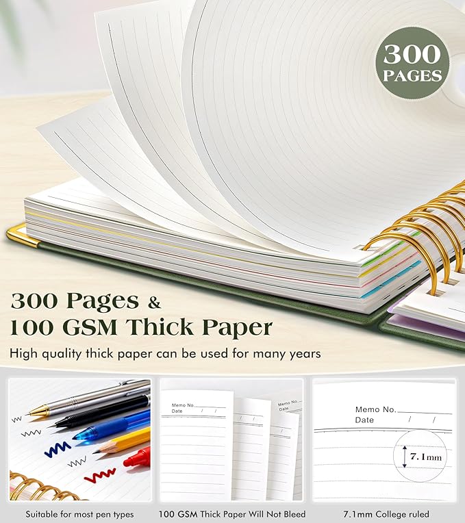 Spiral Notebook Journal with Removable Dividers Tabs, 300 Pages Hardcover Leather 5 Subject College Ruled Notebook, 6.1"x8.2" A5 Lined Journal for Women Men, Spiral Notebook for Work School,Green