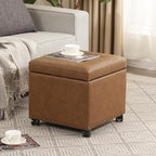 Adeco 16.7" H Vintage Golden Brown Leather Storage Ottoman with 360 Caster Wheels, Square Foot Stool with Decorative Bronze Thumb Tacks & 330 LB Load Capacity
