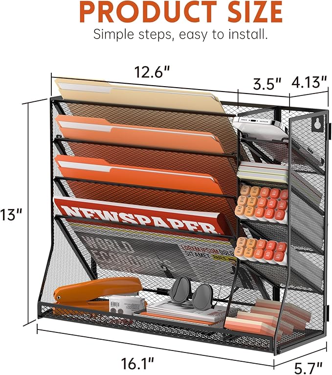 SUPEASY Wall File Organizer, 5-Tier office wall organizer with 4 Pen Holders, Wall Organizer for Office with R-shaped Bottom Tray, Metal Desk Organizer for Office, School, Home, Black