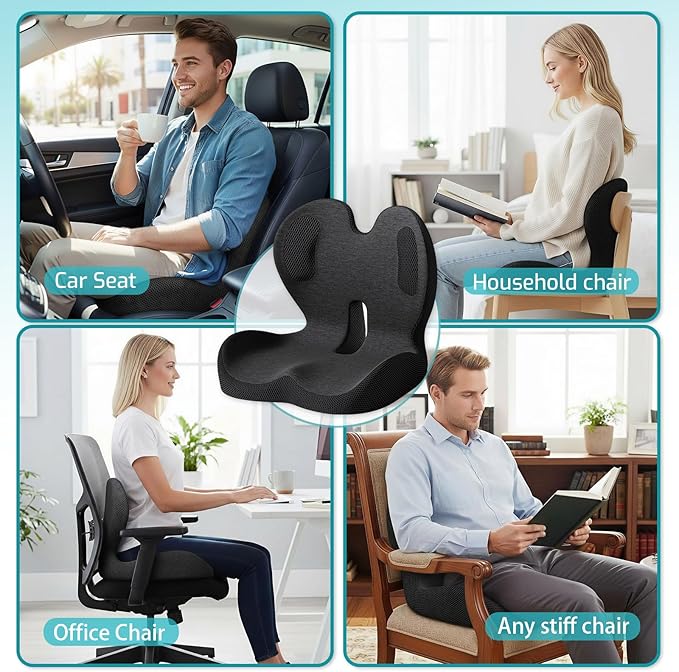 Memory Foam Seat Cushion,Office Chair Cushion with Lumbar Support,L-Shape Ergonomic Cushions with Strap,Non-Slip Sciatica,Hemorrhoids, Tailbone Pain Relief for Office Workers,Driver (Black+ Gray)