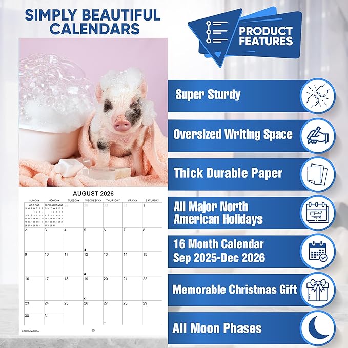 2026 Piglets Monthly Wall Calendar | Cute Baby Pigs Animal Calendar 2025-2026