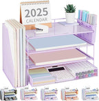 OPNICE Desk Organizer, 4-Tier Desktop File Organizer with Drawer and 2 Pen Holders, Office Desk Accessories, File Sorters, Workspace Organizers for Office Supplies(Purple)