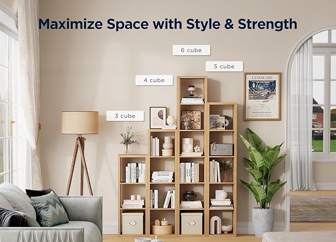 6 Cube Storage Organizer Single Row, Cube Shelf with Heavy-Duty Thick Boards, 13.31"L x 9.37"W x 72.36"H, Smooth Easy-Clean Panels, Simple Assembly, for Living Room Bedroom Office, Natural-Oak