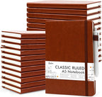 feela 24 Pack Journal Notebook for Work, Business Notebook Bulk Hardcover Lined Writing Journal with Pen Holder for Men Women Note Taking, with 24 Black Pens, 120 GSM, 5.1”x8.3”, A5, Brown